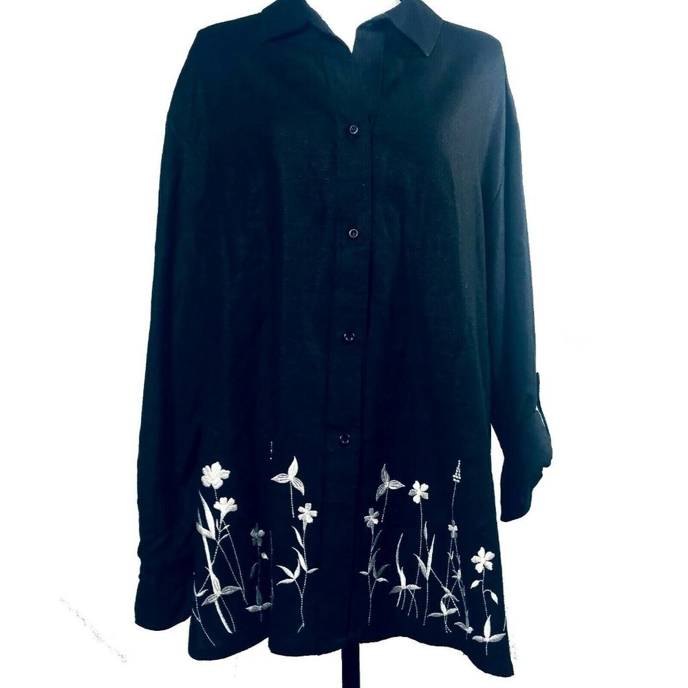 Vintage Womens Blouse Black Floral Embroidered 14